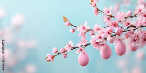 Hanging pastel pink Easter eggs and spring blossom at bokeh light blue turquoise background. Easter banner border. Fresh modern decorative Holiday concept. Sakura blossoms budding branch. Tradition