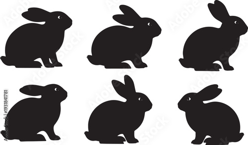 Black Solid Wind Listening Bunny Silhouettes Set of Six on White Background