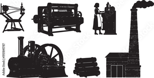 Black Solid Vintage Textile Mill Silhouettes Set of Six on White Background