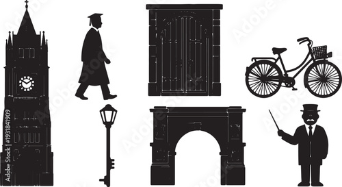 Black Solid Vintage University Campus Silhouettes Set of Six on White Background