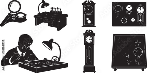 Black Solid Vintage Watchmaker Silhouettes Set of Six on White Background