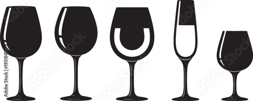 Black Solid Wine Glass Silhouettes Set of Six on White Background