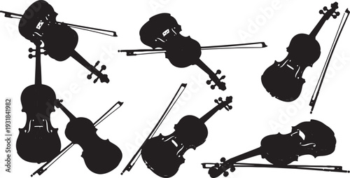 Black Solid Violin Silhouettes Set of Six on White Background