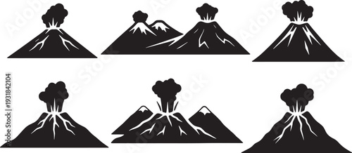 Black Solid Volcanic Cone Peak Silhouettes Set of Six on White Background