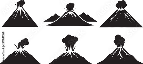 Black Solid Volcanic Cone Peak Silhouettes Set of Six on White Background