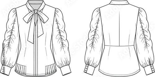 Elegant long sleeve bow tie blouse technical flat sketch, pleated detail women's shirt vector template, front and back apparel illustration.
