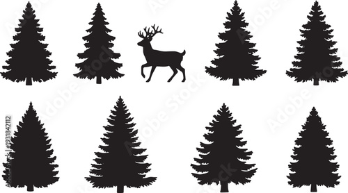 Black Solid Winter Pine Tree Silhouettes Set of Six