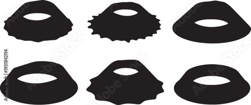 Black Solid Volcanic Caldera Rim Silhouettes Set of Six on White Background