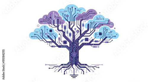 Abstract technology tree with electronic circuits and cloud data