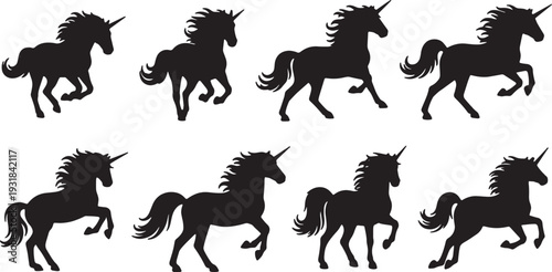 Black Solid Winter Galloping Unicorn Silhouettes Set of Six on White Background