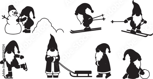 Black Solid Winter Gnome Silhouettes Set of Six on White Background