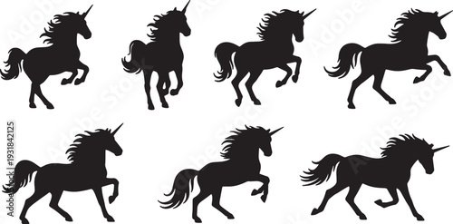 Black Solid Winter Galloping Unicorn Silhouettes Set of Six on White Background