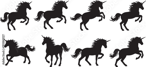 Black Solid Winter Galloping Unicorn Silhouettes Set of Six on White Background