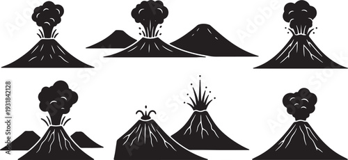 Black Solid Volcanic Cone Peak Silhouettes Set of Six on White Background