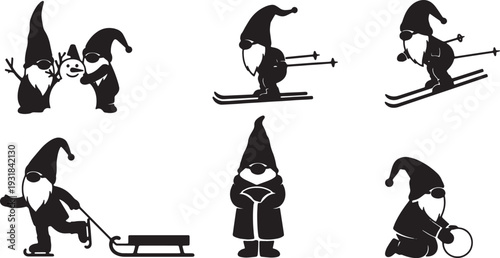 Black Solid Winter Gnome Silhouettes Set of Six on White Background