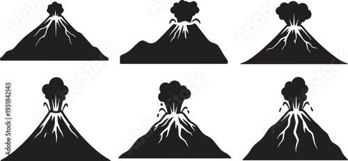 Black Solid Volcanic Cone Peak Silhouettes Set of Six on White Background