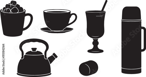 Black Solid Winter Drink Silhouettes Set of Six on White Background