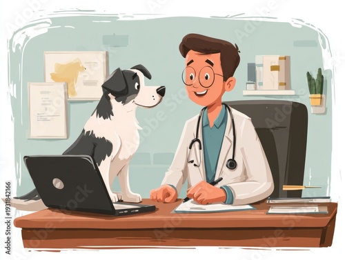 Happy man, portrait and veterinarian with dog for animal checkup, visit or healthcare. ai generated