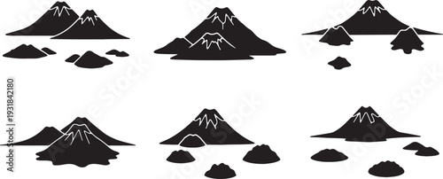 Black Solid Volcanic Island Archipelago Silhouettes Set of Six on White Background