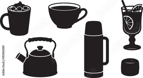 Black Solid Winter Drink Silhouettes Set of Six on White Background