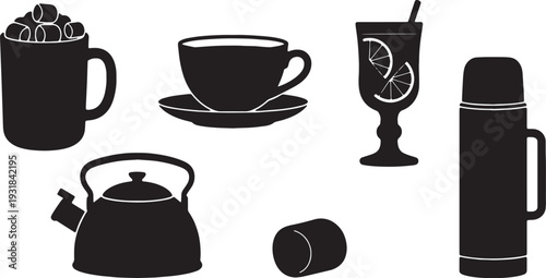 Black Solid Winter Drink Silhouettes Set of Six on White Background