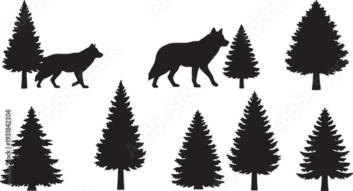 Black Solid Wolf Pine Tree Silhouettes Set of Six