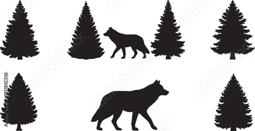 Black Solid Wolf Pine Tree Silhouettes Set of Six