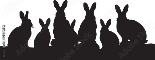 Black Solid Wood Bark Resting Bunny Silhouettes Set of Six on White Background