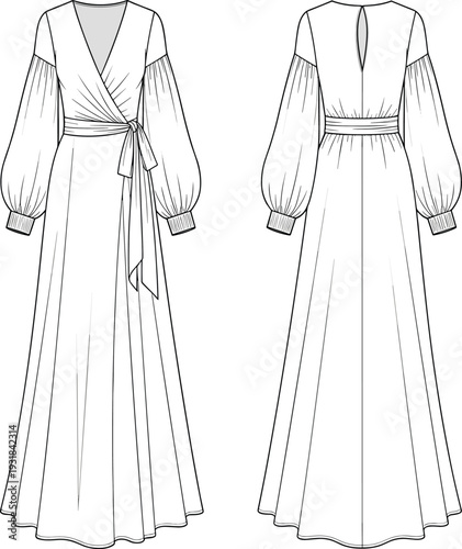 Elegant round neck long sleeve evening gown flat sketch, bishop sleeves, pleated waist, floor length maxi skirt with side slit, illustration.