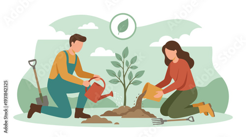Man and woman planting a young tree together, environmental care concept