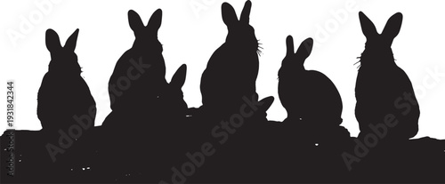 Black Solid Wood Bark Resting Bunny Silhouettes Set of Six on White Background