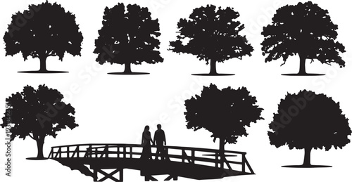 Black Solid Walking Oak Tree Silhouettes Set of Six