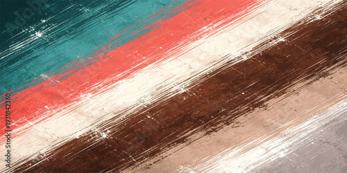 Abstract Vintage Brush Stroke Background with Turquoise, Red and Brown Diagonal Paint Stripes – Grunge Texture Design.
