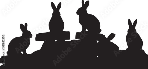 Black Solid Wood Bark Resting Bunny Silhouettes Set of Six on White Background