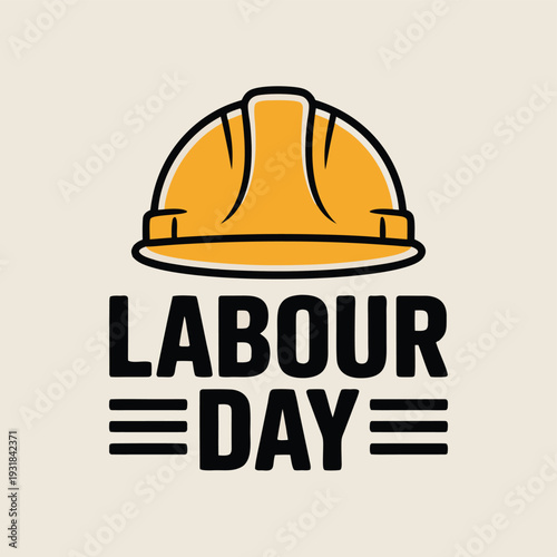 A vibrant illustration featuring a hard hat and the text labour day