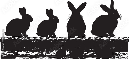 Black Solid Wall Resting Bunny Silhouettes Set of Six on White Background
