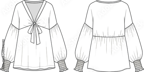 Women V Neck Blouse with Front Bow Tie and Puff Sleeves Front and Back View Fashion Technical Line Art