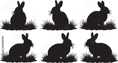 Black Solid Wood Chip Grass Resting Bunny Silhouettes Set of Six on White Background