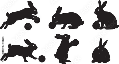 Black Solid Wooden Ball Bunny Silhouettes Set of Six on White Background