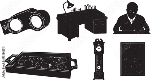 Black Solid Watchmaker Workshop Silhouettes Set of Six on White Background