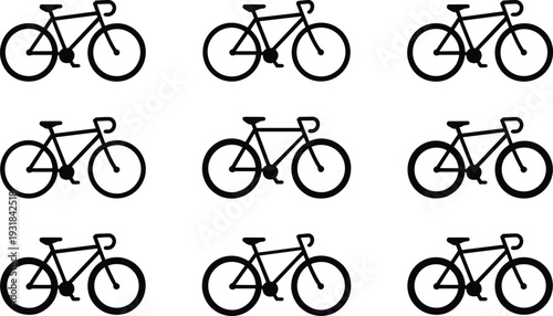 Bicycle icons silhouette grid, black vector illustration, cycling transport design, minimal pattern art, organized layout, simple bike symbol collection, graphic concept