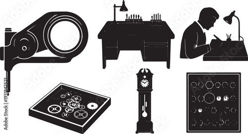 Black Solid Watchmaker Workshop Silhouettes Set of Six on White Background