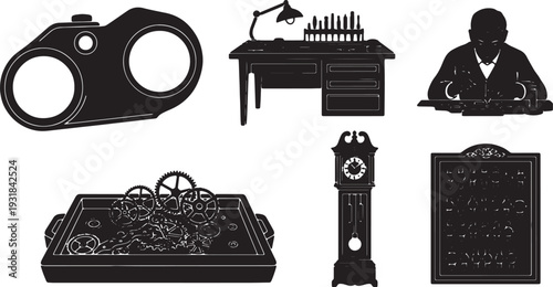 Black Solid Watchmaker Workshop Silhouettes Set of Six on White Background