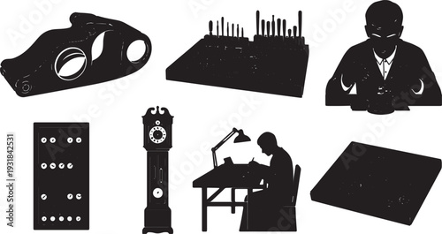 Black Solid Watchmaker Workshop Silhouettes Set of Six on White Background