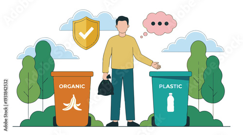 Man sorting waste into organic and plastic bins, promoting recycling