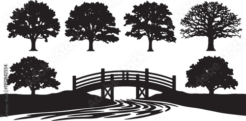 Black Solid Water Oak Tree Silhouettes Set of Six