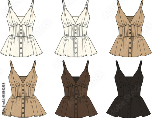 Women sleeveless blouse set vector illustration, button front summer top collection isolated on white background fashion apparel design bundle