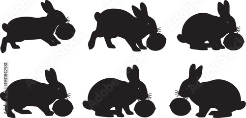 Black Solid Wooden Disc Bunny Silhouettes Set of Six on White Background