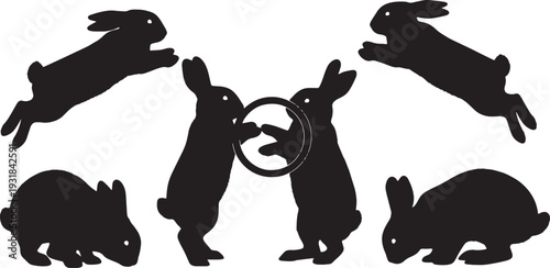 Black Solid Wooden Hoop Bunny Silhouettes Set of Six on White Background