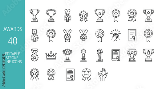 Awards and achievement line icon set with trophy, medal, badge, certificate, crown and recognition symbols editable stroke vector illustration